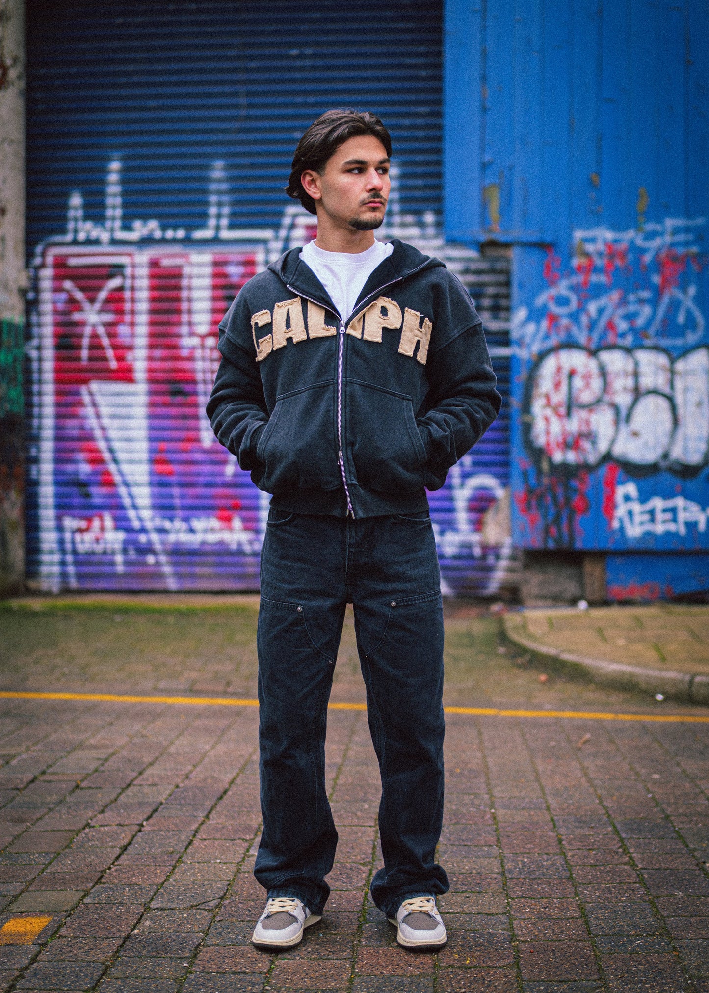 WASHED GREY ZIP UP HOODIE