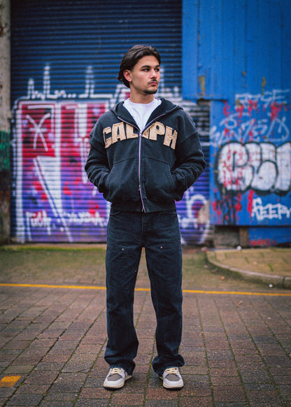 WASHED GREY ZIP UP HOODIE